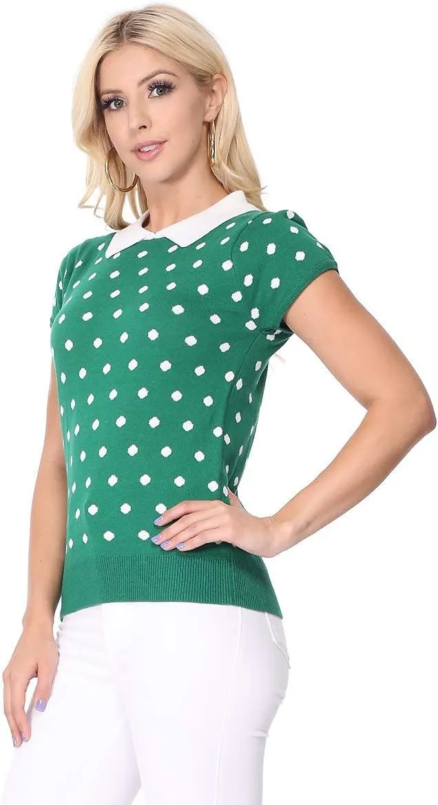 YEMAK Women's Knit Sweater Top  Short Sleeve Polka Dot Contrast Collar Puff Shoulder Classic Casual Knitted Pullover