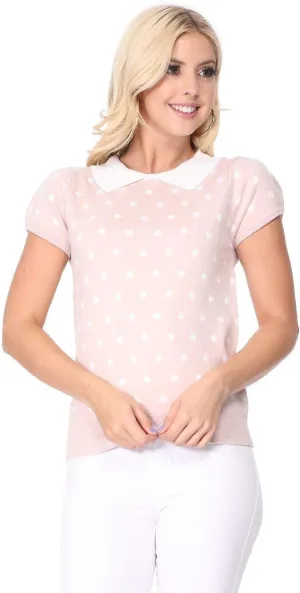 YEMAK Women's Knit Sweater Top  Short Sleeve Polka Dot Contrast Collar Puff Shoulder Classic Casual Knitted Pullover