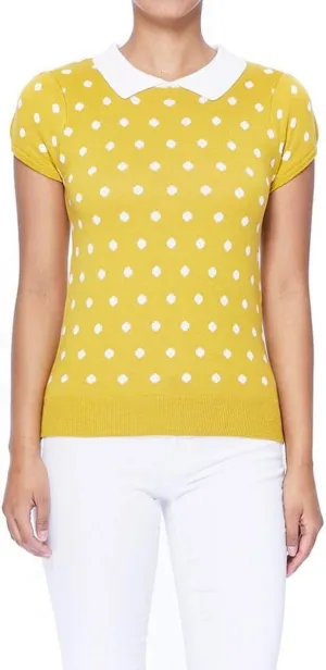 YEMAK Women's Knit Sweater Top  Short Sleeve Polka Dot Contrast Collar Puff Shoulder Classic Casual Knitted Pullover