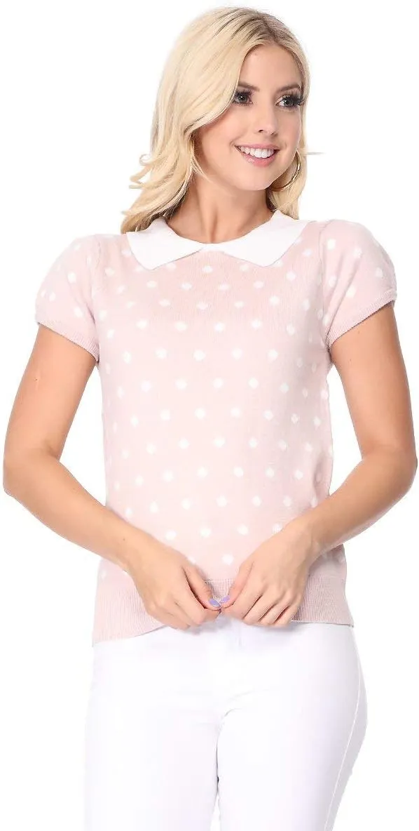 YEMAK Women's Knit Sweater Top  Short Sleeve Polka Dot Contrast Collar Puff Shoulder Classic Casual Knitted Pullover