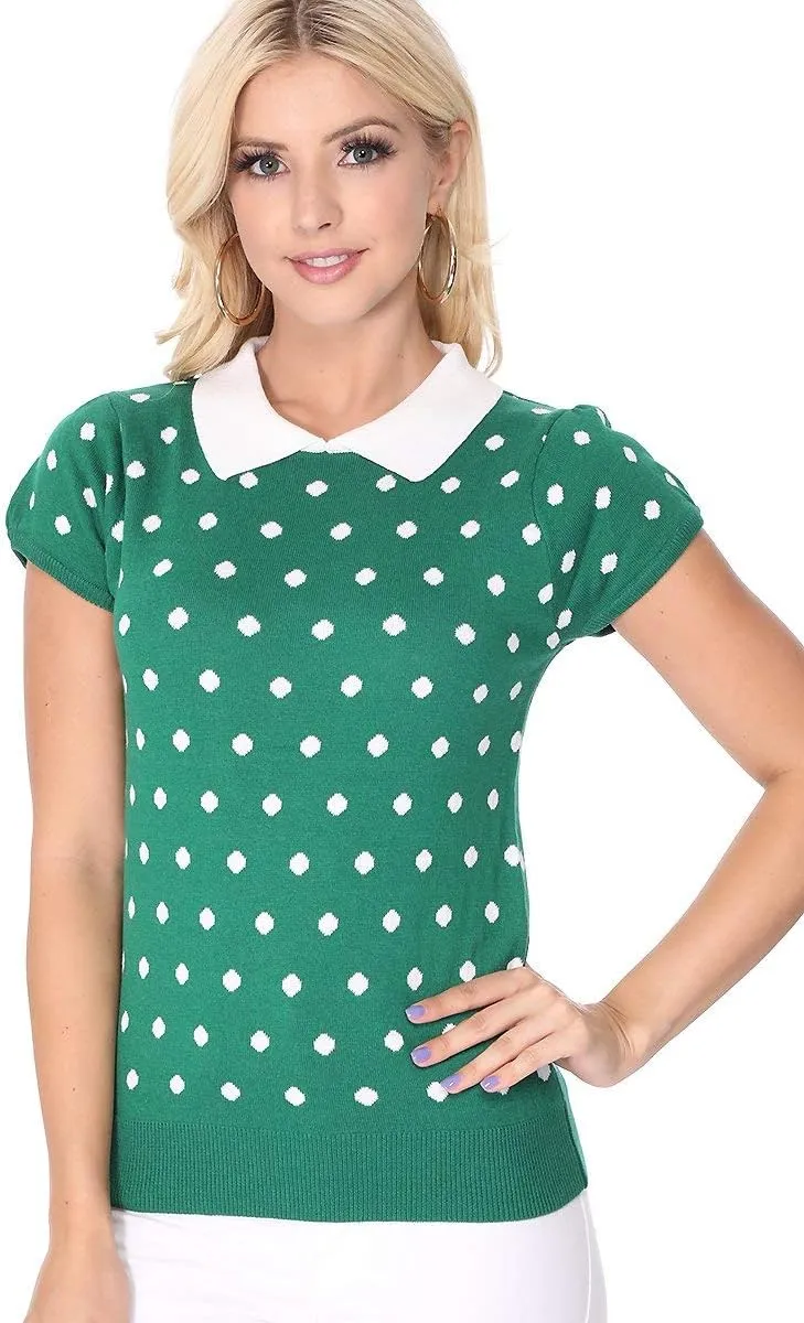 YEMAK Women's Knit Sweater Top  Short Sleeve Polka Dot Contrast Collar Puff Shoulder Classic Casual Knitted Pullover