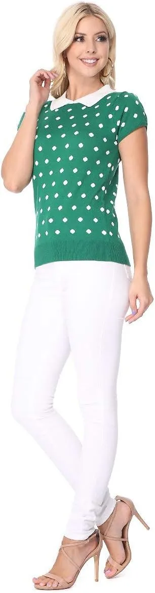 YEMAK Women's Knit Sweater Top  Short Sleeve Polka Dot Contrast Collar Puff Shoulder Classic Casual Knitted Pullover